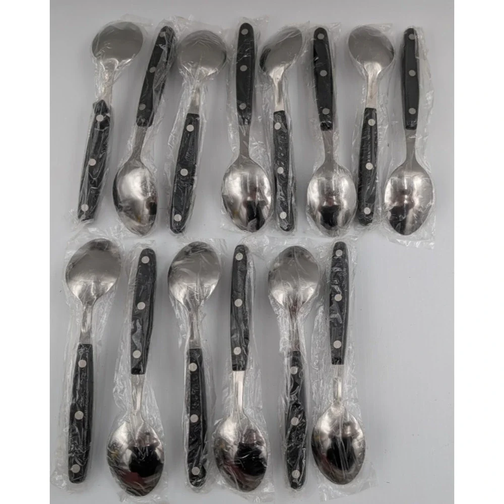 Ronco Showtime 79 Pc Flatware Set Stainless Steel Black Riveted Handles